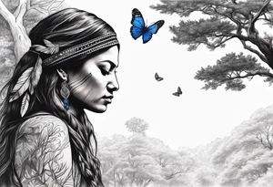 Tree with upper left branches forming a native American woman's face as she looks down onto the trees base and a lonely woman kneels there with 1 blue butterfly tattoo idea