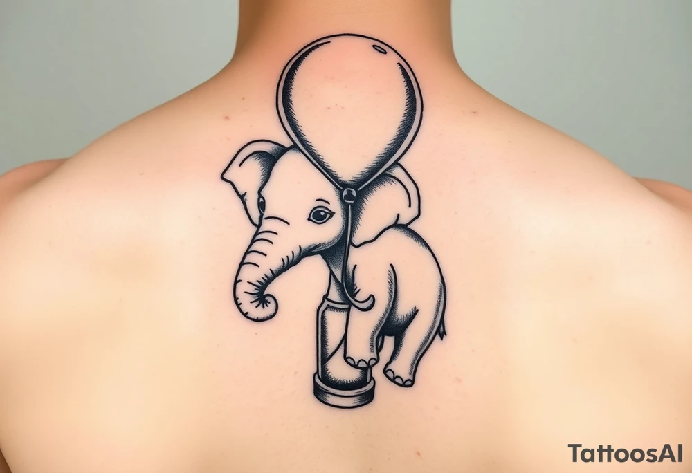 Baby elephant next to hour glass holding autism balloon tattoo idea