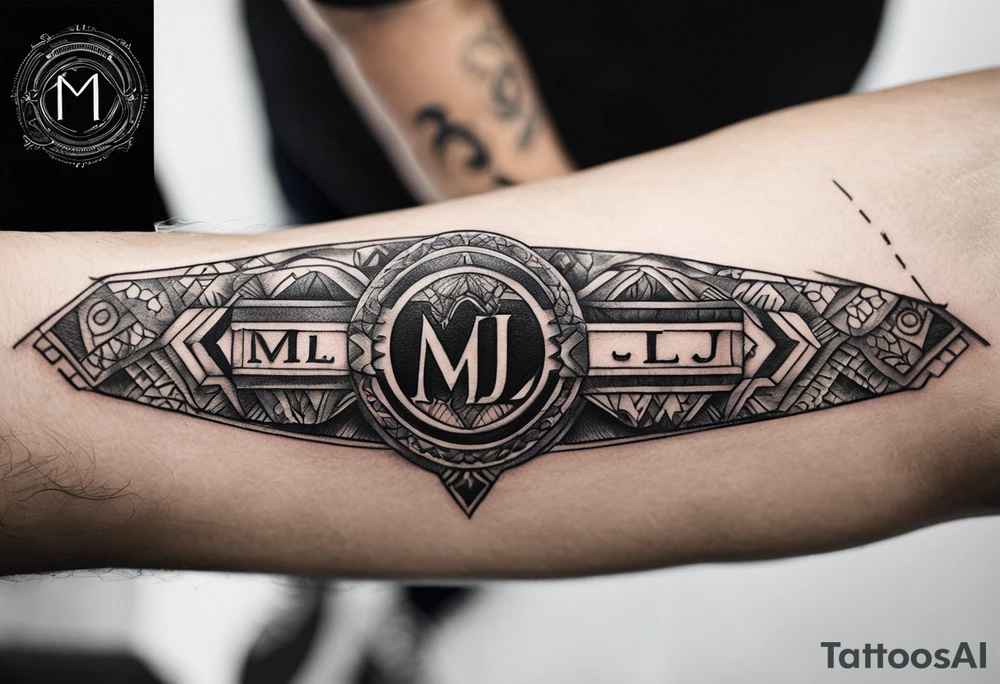 small tattoo on the forearm of a man with the initials MLJ, date of birth 22/09/22 in the style of a moluccan tattoo tattoo idea