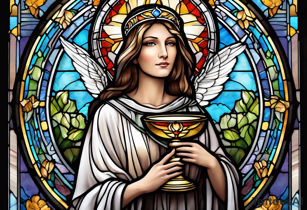 holy saint woman with halo stained glass holding a chalice tattoo idea