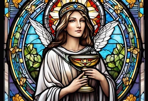 holy saint woman with halo stained glass holding a chalice tattoo idea