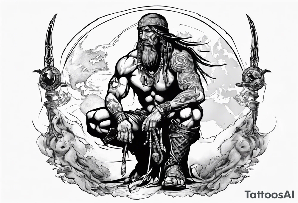 Savage warrior kneeling with the world on his shoulders. Peaceful tattoo idea Savage warrior kneeling with the world on his shoulders. Peaceful tattoo idea