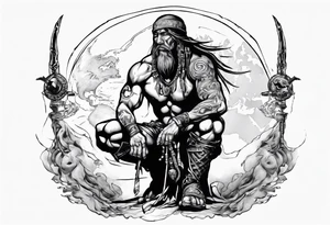 Savage warrior kneeling with the world on his shoulders. Peaceful tattoo idea
