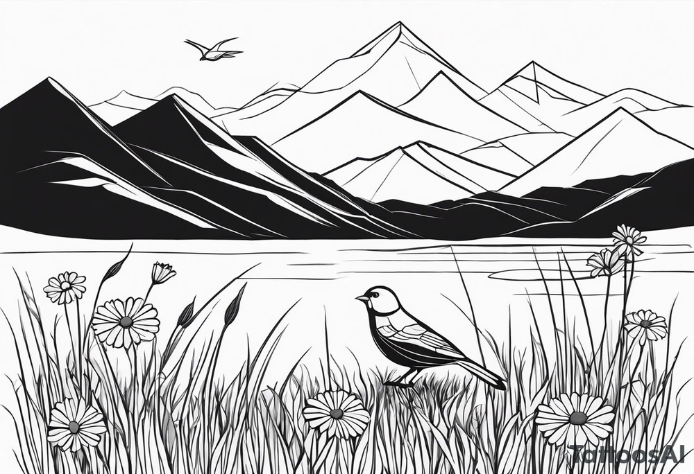 Geometric small bird in a grass and daisy field with Mountain View behind tattoo idea