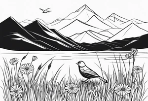 Geometric small bird in a grass and daisy field with Mountain View behind tattoo idea
