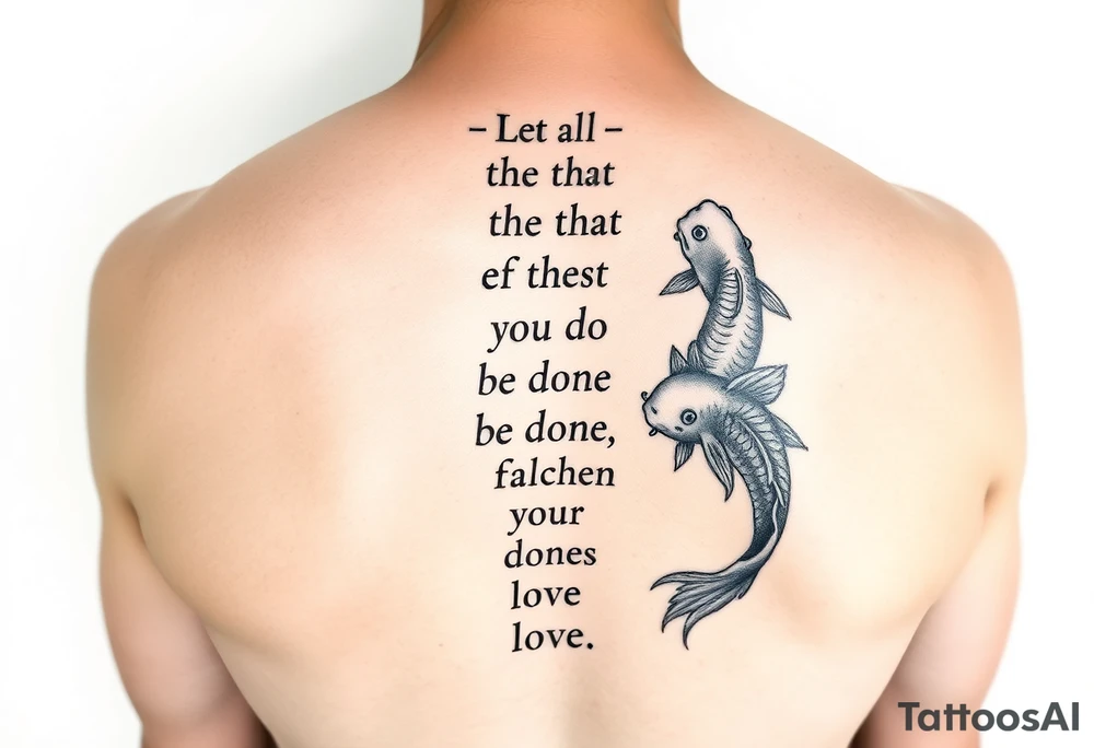 vertical verse going down the spine that says “ Let all that you do be done in love “ with two koi fish One on the Lower left of the verse and the other fish on the upper right of the verse tattoo idea