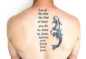 vertical verse going down the spine that says “ Let all that you do be done in love “ with two koi fish One on the Lower left of the verse and the other fish on the upper right of the verse tattoo idea