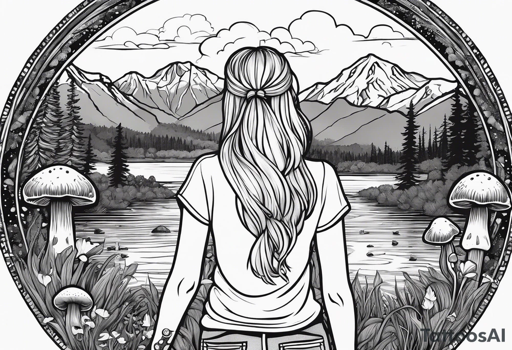 Straight long blonde hair hippie girl in distance holding mushrooms in hand facing away toward mountains and creek surrounded by mushrooms tee shirt and hiking pants; whole rendering within a circle tattoo idea