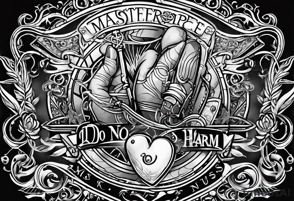 “Do no harm but take no shit” in calligraphy with middle finger and stethoscope for nurse tattoo idea