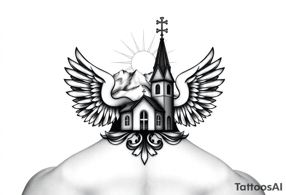 russian coat of arms with both heads visible & wings spanning out on my back neck across on to my shoulders with an orthodox christian church being visible in a mountainous sun beaming setting, with the russian orthodox cross spire of the orthodox church being visible on my neck with a sun beaming in the background that the cross sits inside tattoo idea