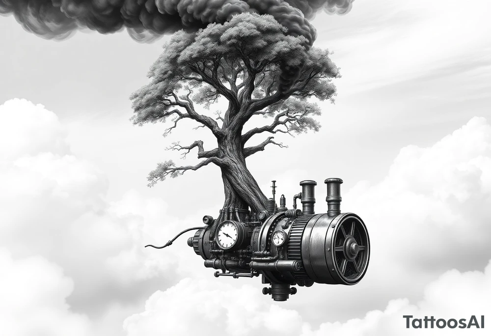 tree growing out of a v shaped engine with lots of pipes, guages and steam around the engine 
 with a smoke stack coming out of the top 
 billowing black smoke as if the tree and engine were a flying machine flying through the air 
 with an extreme steam punk vibe alot more steam punk 
it should look somewhat like a hot air baloon where the tree is the balloon and the machine is the basket but they are together as one unit, and the sky should have clouds in the back ground as if it were chugging along flying through the sky and needs to look extremely steam punk
the smoke stack should be coming out of the tree and the smoke should be trailing behind the machine 
the tree is the actual smoke stack for the machine 
the smoke stack should be a branch pointing up and out with smoke billowing out of it 
and the motor should be a motor that is kind of shaped like the letter V tattoo idea