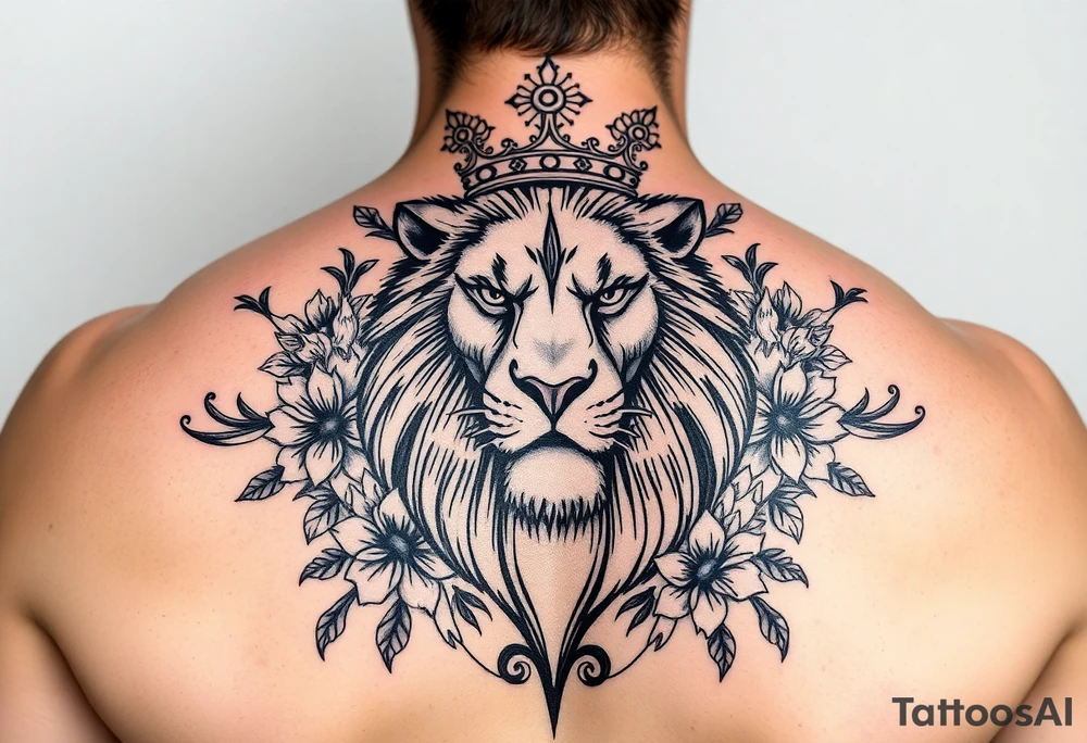 powerful majestic lion with a crown, surrounded by floral ornaments and birds tattoo idea