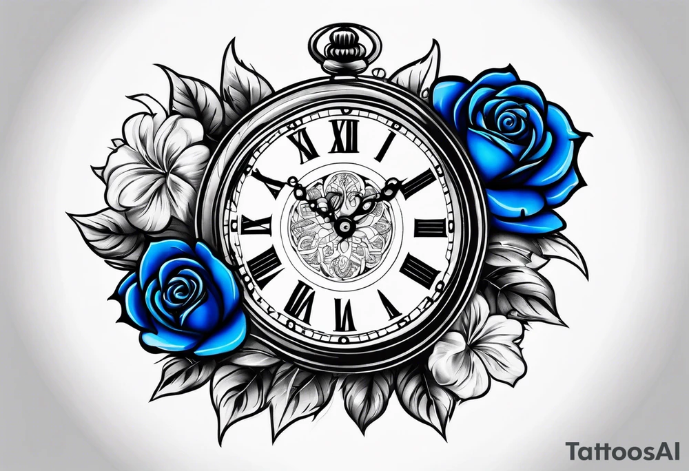 Pocket clock with blue roses tattoo idea