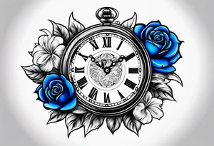 Pocket clock with blue roses tattoo idea