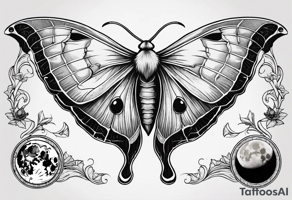 luna moth anatomically correct with all the phases of the moon arched under the moth, and the words "carpe noctem" above it in sans serif font tattoo idea