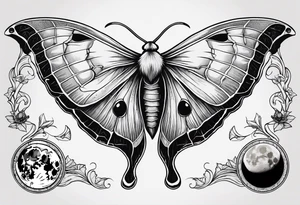 luna moth anatomically correct with all the phases of the moon arched under the moth, and the words "carpe noctem" above it in sans serif font tattoo idea