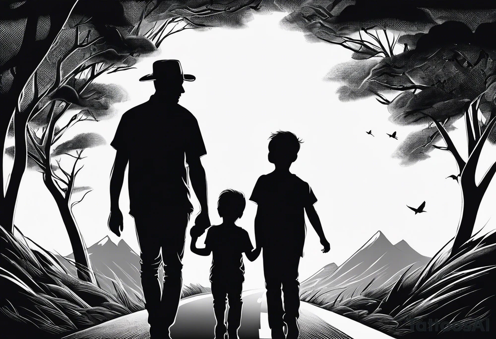 chest and sleeve sun rays with road and dad, daughter and son silhouette tattoo idea