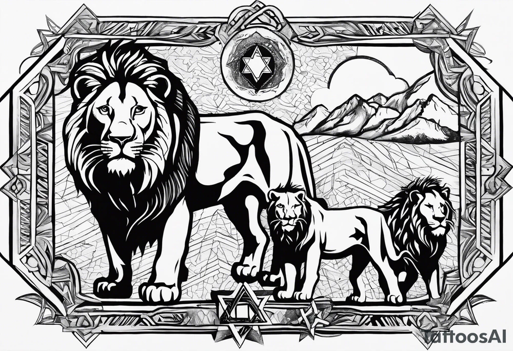 One roaring lion, next to it a roaring lioness, below them 3 roaring lion cubs and around a Star of David tattoo idea