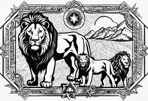 One roaring lion, next to it a roaring lioness, below them 3 roaring lion cubs and around a Star of David tattoo idea