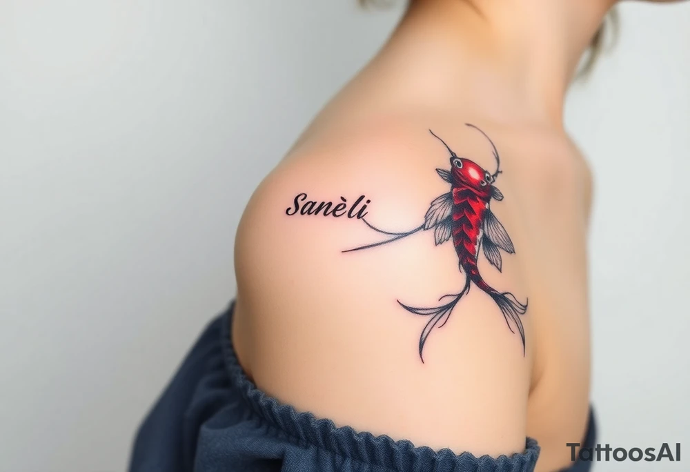 I want the tattoo starting at my collar bone, and I want it to go down my arm, but doesn’t go past my elbow. I want my middle name, Sané” on my collarbone area and I want the red and black koi fish too on my shoulder area. And I want flowers that represent healing, happiness, and peace and purity. tattoo idea