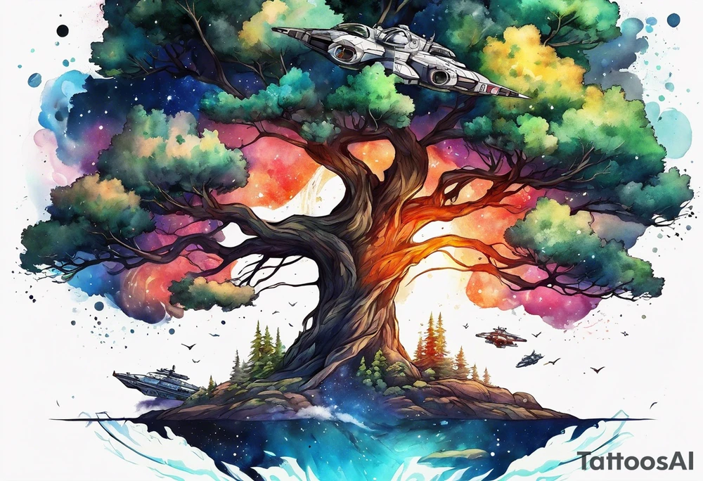 Tree with space fighters tattoo idea