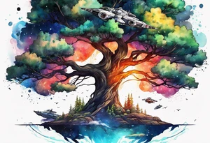 Tree with space fighters tattoo idea