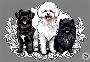 A white Bichon frise with a black pomeranian and a black poodle with the words “MFer For Life” tattoo idea