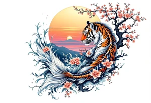 Koi fish, tiger, and cherry blossom tree, beautiful sunset in background tattoo idea