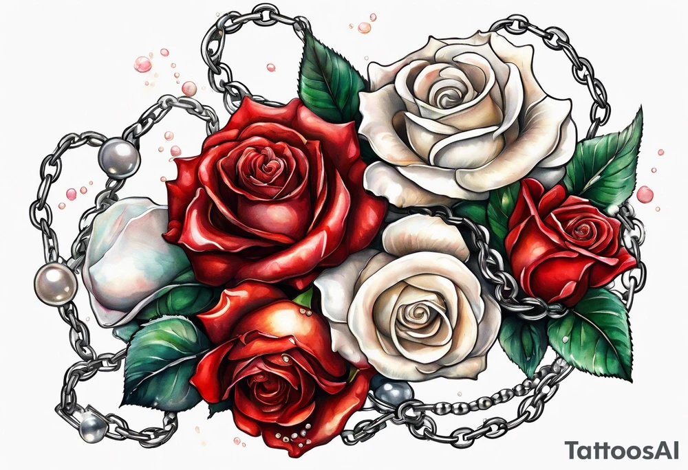 Red roses with a chain made of pearls and seashells tattoo idea