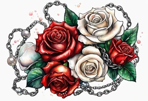 Red roses with a chain made of pearls and seashells tattoo idea