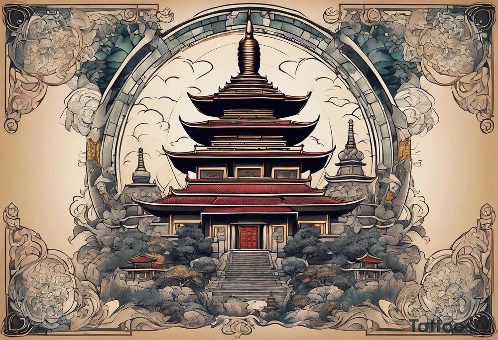 a old world map as the background with a small Buddhist stupa at the bottom for the back of a forearm tattoo idea