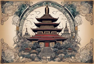 a old world map as the background with a small Buddhist stupa at the bottom for the back of a forearm tattoo idea