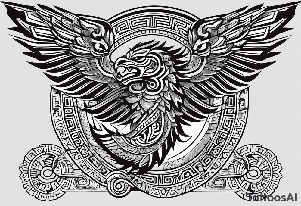 Design a masculine and fierce right chest tattoo of Quetzalcoatl, the Aztec feathered serpent god. Make Quetzalcoatl appear in mid-flight, with his powerful, feathered body coiling dynamically across the chest. His face should have sharp, intense features, with fierce, piercing eyes and serpent fangs bared. Incorporate traditional Aztec geometric patterns, like jagged lines and spirals, in the wings and tail, to emphasize strength and power. Use bold, black ink with subtle shading to give depth and texture, while ensuring the design stays sharp and aggressive. The feathers should appear sharp and stylized, giving an aura of both wisdom and danger. tattoo idea