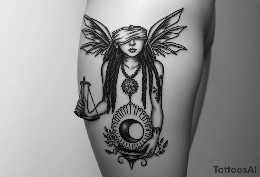 Black Sylph with dreads wearing blind fold and ankh pendant with tattoos holding weighing scales with the sun and moon rose vines surrounding and Anubis guarding tattoo idea