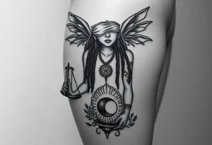 Black Sylph with dreads wearing blind fold and ankh pendant with tattoos holding weighing scales with the sun and moon rose vines surrounding and Anubis guarding tattoo idea