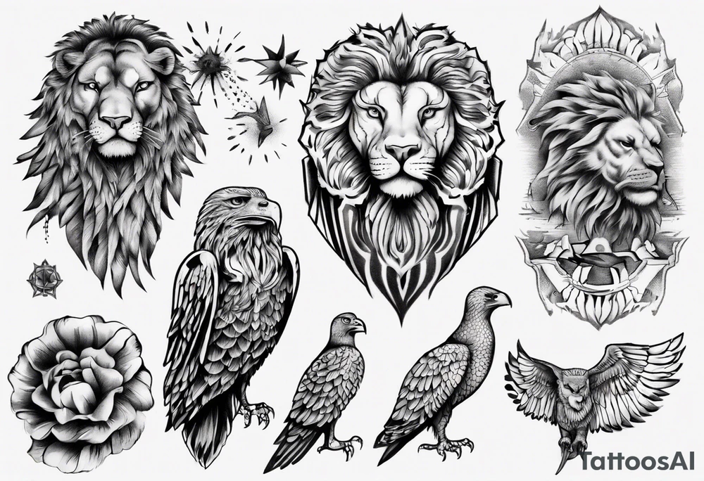 Adler und Löwe je halbseitig zusammengefügt tattoo idea