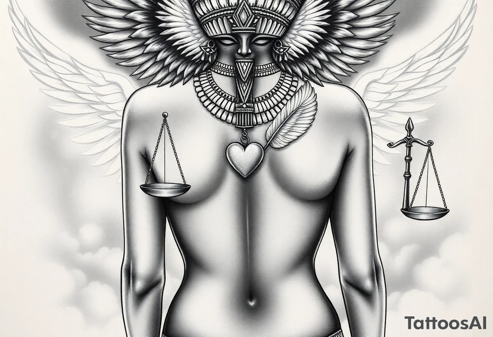 Beautiful Egyptian goddess with a curvy body, breasts showing, and wide hips. She is wearing an ostrich feather headdress, and intricate ancient Egyptian jewelry the Anhk necklace. Background includes something similar to heaven. Incorporate the Scales of Justice—one side holding a heart, the other Ma’at’s feather—glowing with ethereal energy. Emphasize dramatic lighting, deep shadows, and surreal, mystical atmosphere tattoo idea