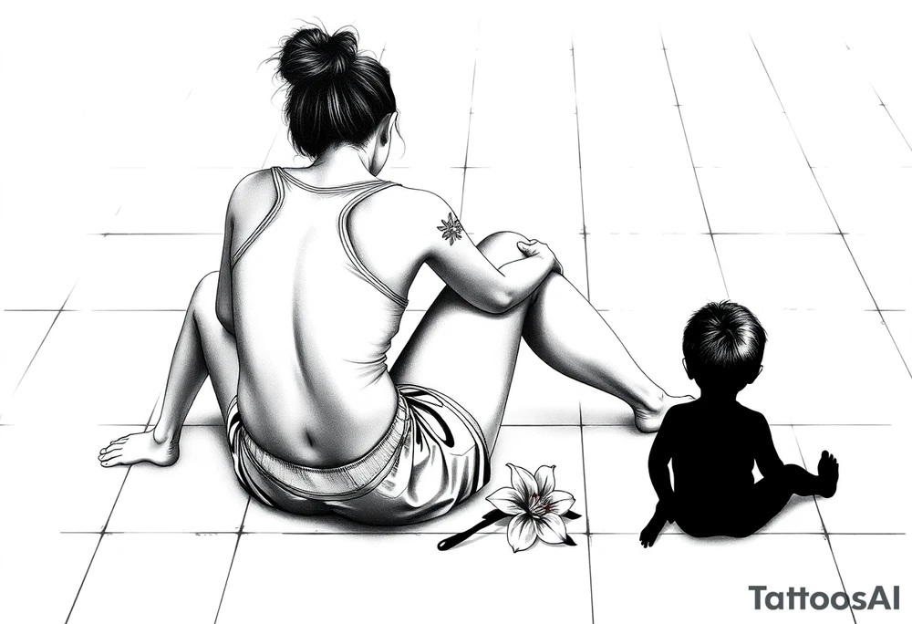 a tile floor with a realistic silhouette of the back of a thin woman sitting curled on the tile floor and a black silhouette of a young child sitting next to her with a lily next to them on the floor. The woman is wearing a Racerback tank top, running shorts, has dark hair pulled up high, and her head is down. tattoo idea