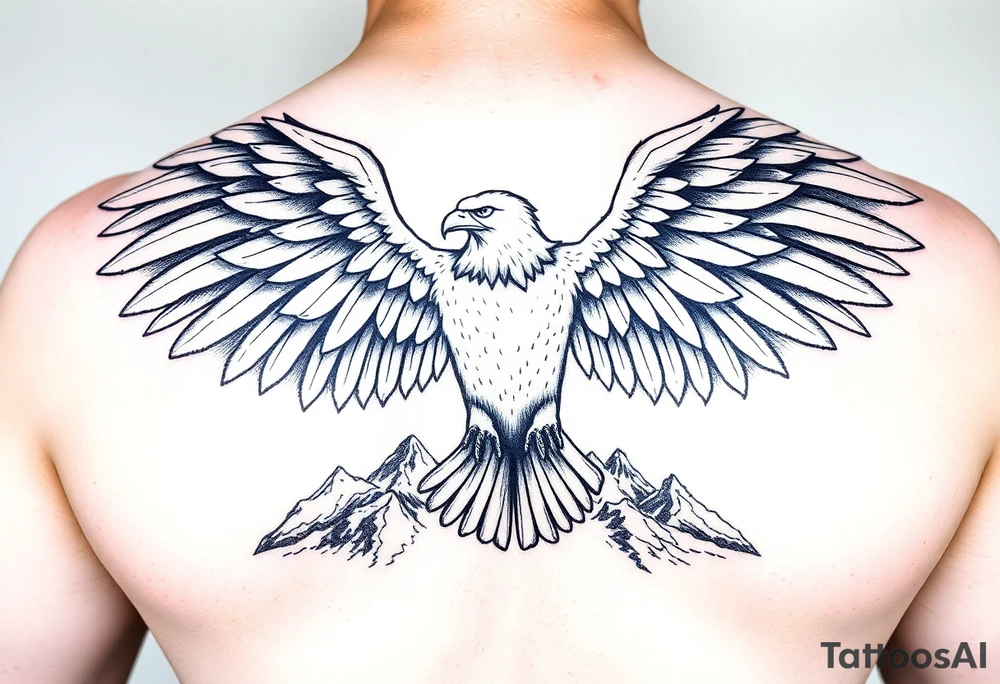 majestic eagle spreading wings against mountain peaks tattoo idea