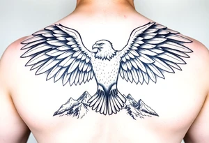 majestic eagle spreading wings against mountain peaks tattoo idea