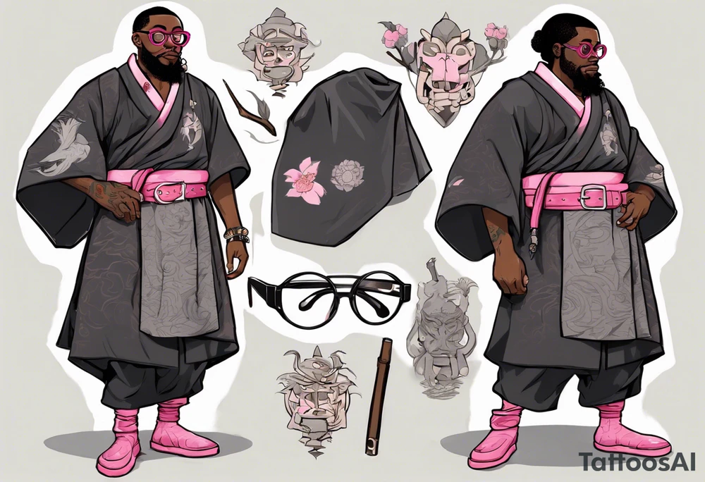 a medieval black man wearing round glasses, wearing a black tunic with a pink belt, wearing grey mukluks tattoo idea
