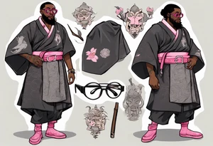 a medieval black man wearing round glasses, wearing a black tunic with a pink belt, wearing grey mukluks tattoo idea