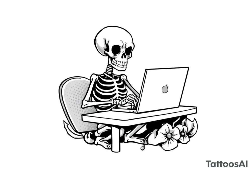 skeleton working at a desk with a laptop tattoo idea