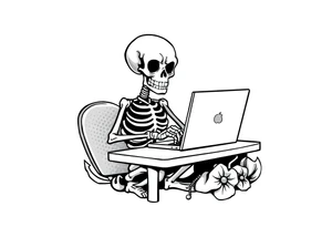 skeleton working at a desk with a laptop tattoo idea