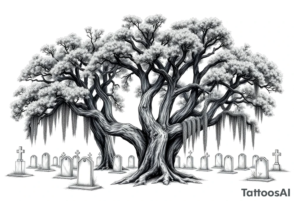 Laurel oaks with Spanish moss in a cemetery tattoo idea