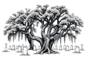 Laurel oaks with Spanish moss in a cemetery tattoo idea