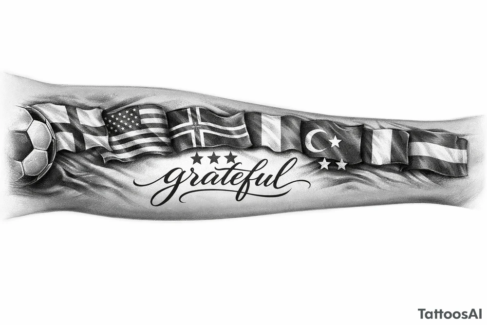 Football related my own journey England USA Iceland Italy Spain Turkey France Hungary flags inside forearm can u put 3 stars under iceland , 2 under turkey and italy no landmarks
And quote in middle “grateful” tattoo idea