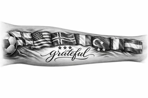 Football related my own journey England USA Iceland Italy Spain Turkey France Hungary flags inside forearm can u put 3 stars under iceland , 2 under turkey and italy no landmarks
And quote in middle “grateful” tattoo idea