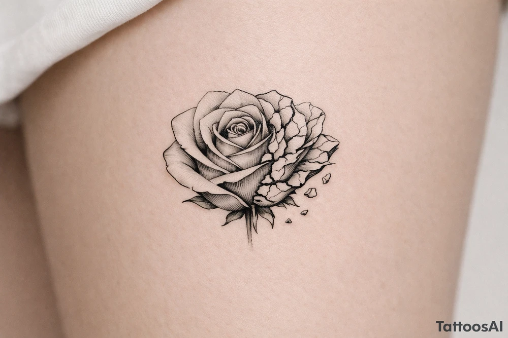 Close-up of a perfect rose morphing into a cracked, broken bloom. tattoo idea