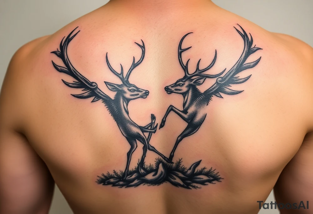 Photo realistic Vertical aligned nature scene with two deer fighting. 

This ai sucks tattoo idea